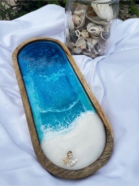 Ocean Wave Resin Tray with Sand and Shell Accents